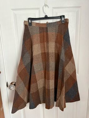 Plaid A-Line Wool Blend Skirt in Brown and Gray